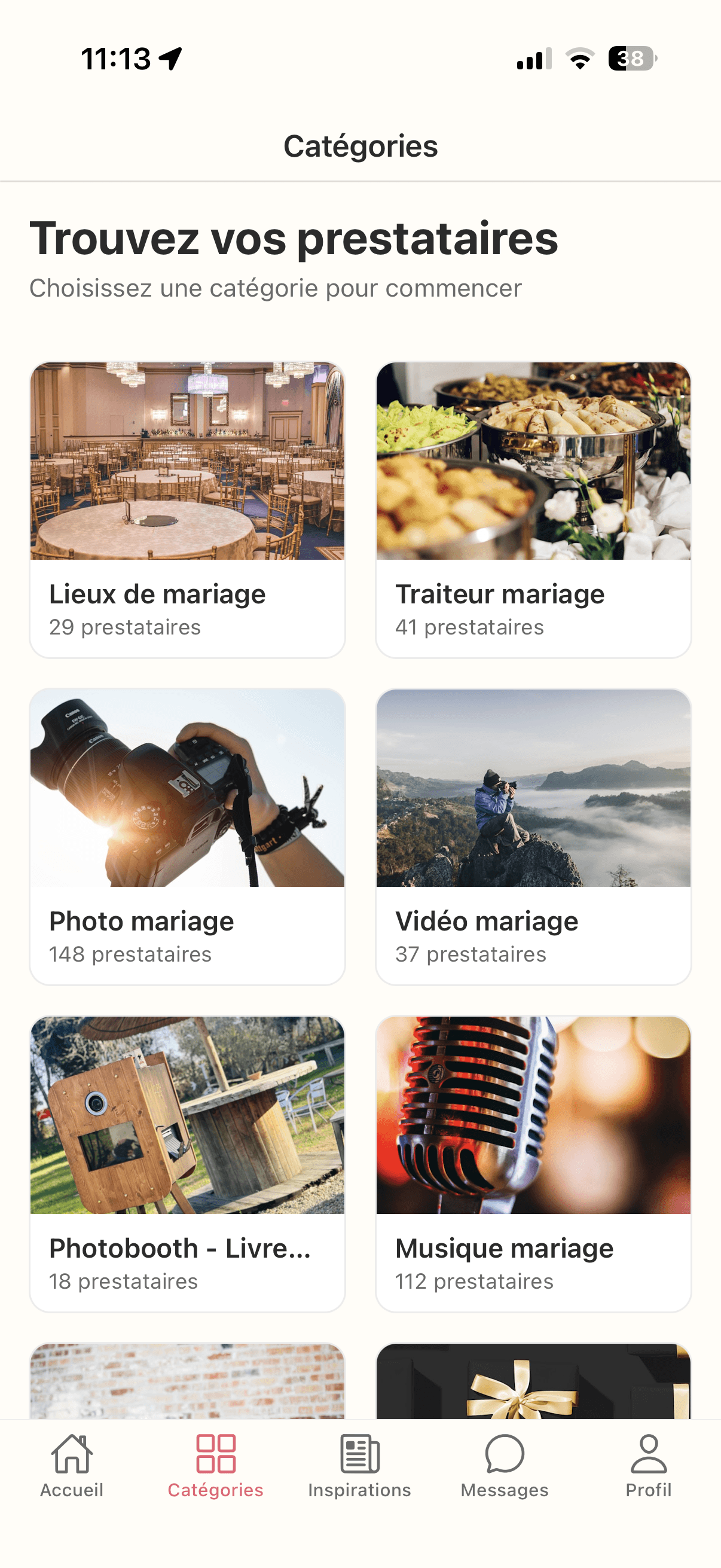 Application mobile TonMariage.fr : catégories de prestataires de mariage